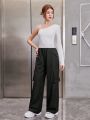 SHEIN Teenage Girls' Knitted Monochrome Irregular Shoulder T-Shirt And Flip Pocket Pants 2pcs/Set