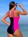 SHEIN Swim SPRTY Women'S Color Block One-Piece Swimsuit With Spaghetti Strap