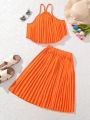 SHEIN Kids EVRYDAY Girls' (Big Kids') Solid Color Pleated Two Piece Set