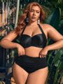 SHEIN Leisure Plus Size Solid Color Halter Neck Swimwear Top With Steel Ring