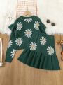 SHEIN Kids EVRYDAY Tween Girl Floral Pattern Ruffle Trim Sweater & Peplum Hem Skirt