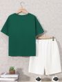 SHEIN Kids EVRYDAY Boys' Casual Letter Printed Short Sleeves Round Neck Pullover And Solid Color Shorts Knitted Two Piece Set