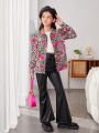 SHEIN Kids Y2Kool Tween Girl's Athletic Sweet & Cool Leopard & Floral Print Knitted Sheep Leg Long Sleeve Shirt