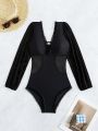 DAZY Solid Color Mesh Patchwork Frilled Trim Detailed One-Piece Swimsuit