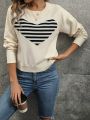 Heart Striped Drop Shoulder Casual Sweater Pullover