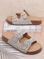 Women'S Versatile Flat Sandals With Rhinestone Embellishments