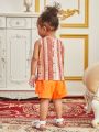 Infant Girls' Geometric Pattern Printed Vest And Belted Shorts Casual Outfits