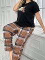 Plus Size Cartoon Printed Short-Sleeved T-Shirt And Plaid Pants Pajamas Set