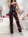 Heart & Letter & Rhinestone Patterned Cami And Pants Pajama Set