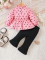 SHEIN 2pcs/set Baby Girls' Heart Print Bubble Sleeve Top And Flared Pants Outfit