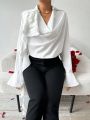 SHEIN Privé Women'S Party Ruffle Cowl Collar White Shirt With Unique Design