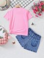 SHEIN Kids EVRYDAY Tween Girls' Slogan Butterfly Printed Short Sleeve T-Shirt And Denim Shorts Set