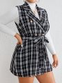 SHEIN Privé Plus Plaid Pattern Belted Vest Overcoat