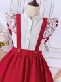 SHEIN Kids EVRYDAY 2pcs/Set Tween Girls' Stand Collar Shirt & Lace Patchwork Suspender Skirt