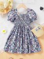 SHEIN Kids SUNSHNE Young Girl'S Panelled Bubble Short Sleeve Dress With Floral Print