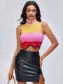 ISELACOS Color Block Scallop Trim Turtle Neck Crop Knit Top