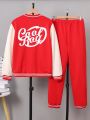 Teen Boy Letter Graphic Striped Trim Bomber Jacket & Sweatpants Without Tee