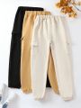 SHEIN Kids EVRYDAY 3pcs Tween Girl Letter Graphic Flap Pocket Side Cargo Sweatpants