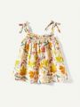 Cozy Cub Baby Girl Flower Printed Bowknot Strap Top And Solid Color Pants Set