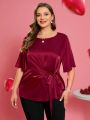 EMERY ROSE Valentine's Day Plus Size Bell Sleeve Knotted And Side-Tied Satin Top