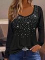 Women's Long Sleeve T-Shirt With Sparkling Rhinestones