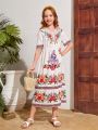 SHEIN Kids SUNSHNE Tween Girls' Woven Floral Print V-Neck Loose Casual Vacation Dress
