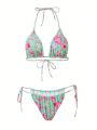 SHEIN Swim Y2GLAM Women's Floral Print Halter Neck Two-piece Swimsuit