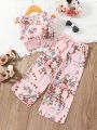 SHEIN Kids EVRYDAY Toddler Girls Floral Print Ruffle Trim Top & Wide Leg Pants