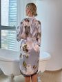 Floral Print Drop Shoulder Contrast Eyelash Lace Belted Satin Sleep Robe