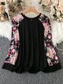 Women's Plus Size Flower Printed Patchwork Drop Shoulder Sleeve T-shirt