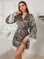 Women's Leopard Print & Lace Trimmed V-Neck Robe