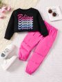 SHEIN Kids CHARMNG Young Girl Letter Graphic Sweatshirt & Flap Pocket Cargo Pants