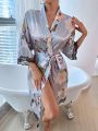 Floral Print Drop Shoulder Contrast Eyelash Lace Belted Satin Sleep Robe