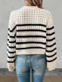 Women's Round Neckline Hollow Out Knitted Striped Sweater