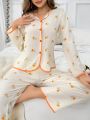 Women's Floral Printed Pajama Set With Contrast Trim, Long Sleeve