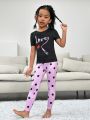 SHEIN Young Girl's Daily Casual Short-Sleeved Sleepwear Set With Round Neck For Spring And Summer, Knitted