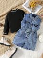 SHEIN Kids HYPEME Toddler Girls' Denim Jumpsuit With Printed Bottoming Shirt 2 Piece Set