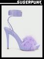 Sugerpunk Super High Heel Stiletto Purple Sky-High Furry Strappy Sandals For Women