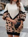 SHEIN LUNE Leopard Pattern Turtleneck Drop Shoulder Sweater Dress