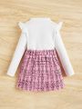 SHEIN Kids FANZEY Toddler Girls' Pink & White Flying Sleeve Plaid Knitted Dress & Cardigan Set With Button Decoration On Shoulders