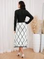 SHEIN Modely Geo Pattern Pearls and Rhinestone Beaded Sweater Dress