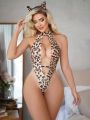 SHEIN Women'S Leopard Print Hollow Out Sexy Lingerie Set