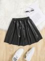 SHEIN Tween Girl Solid Bow Front PU Leather Flare Skirt