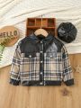 Young Girl Plaid Print Contrast PU Leather Jacket & Hat