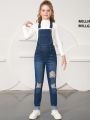 Tween Girl Ripped Denim Overalls Without Tee