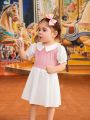 Baby Girls' Pink Knit Patchwork Peter Pan Collar Cute Daily Casual Dress, Spring/Summer