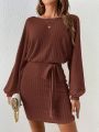 SHEIN Frenchy Solid Color Round Neck Batwing Sleeve Belted Long Sleeve Dress