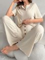 Women's Solid Color Ribbed Knitted Homewear Set