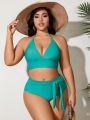 SHEIN Swim Vcay Plus Size Solid Color Bikini Set With Front Knot Detail