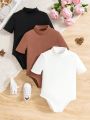 SHEIN Kids SUNSHNE Young Girl's Stand Collar Knitted Solid Color Short Sleeve Jumpsuit, 3pcs/Set